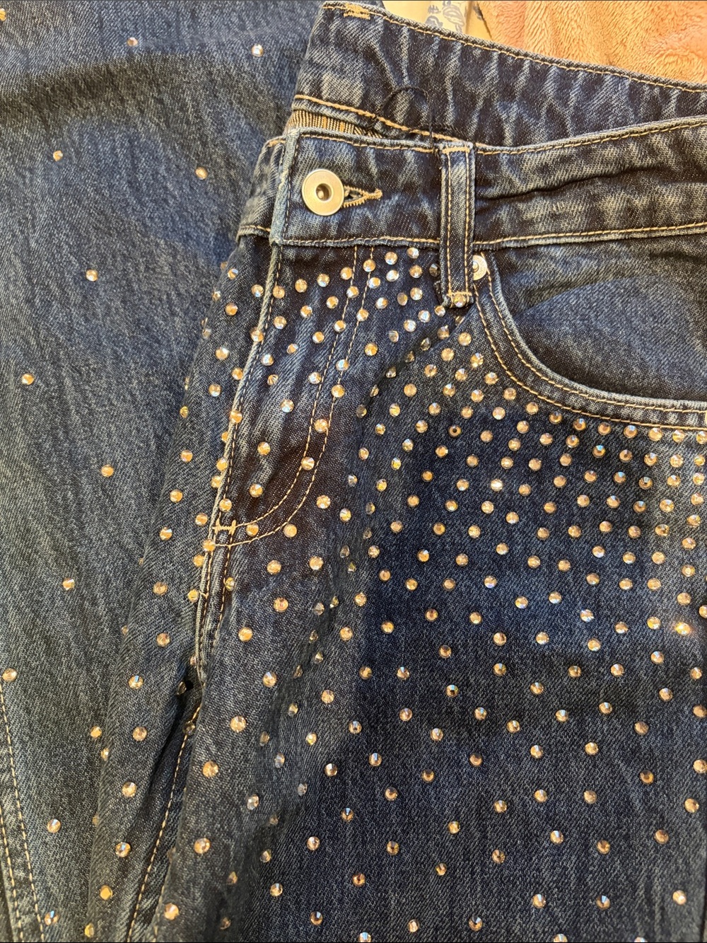 Zara Dark Wash Rhinestone Wide Leg Jeans - Blue